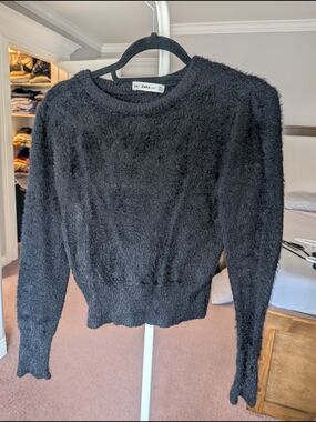Zara Black Fuzzy Crew Sweater - Soft Textured Knit